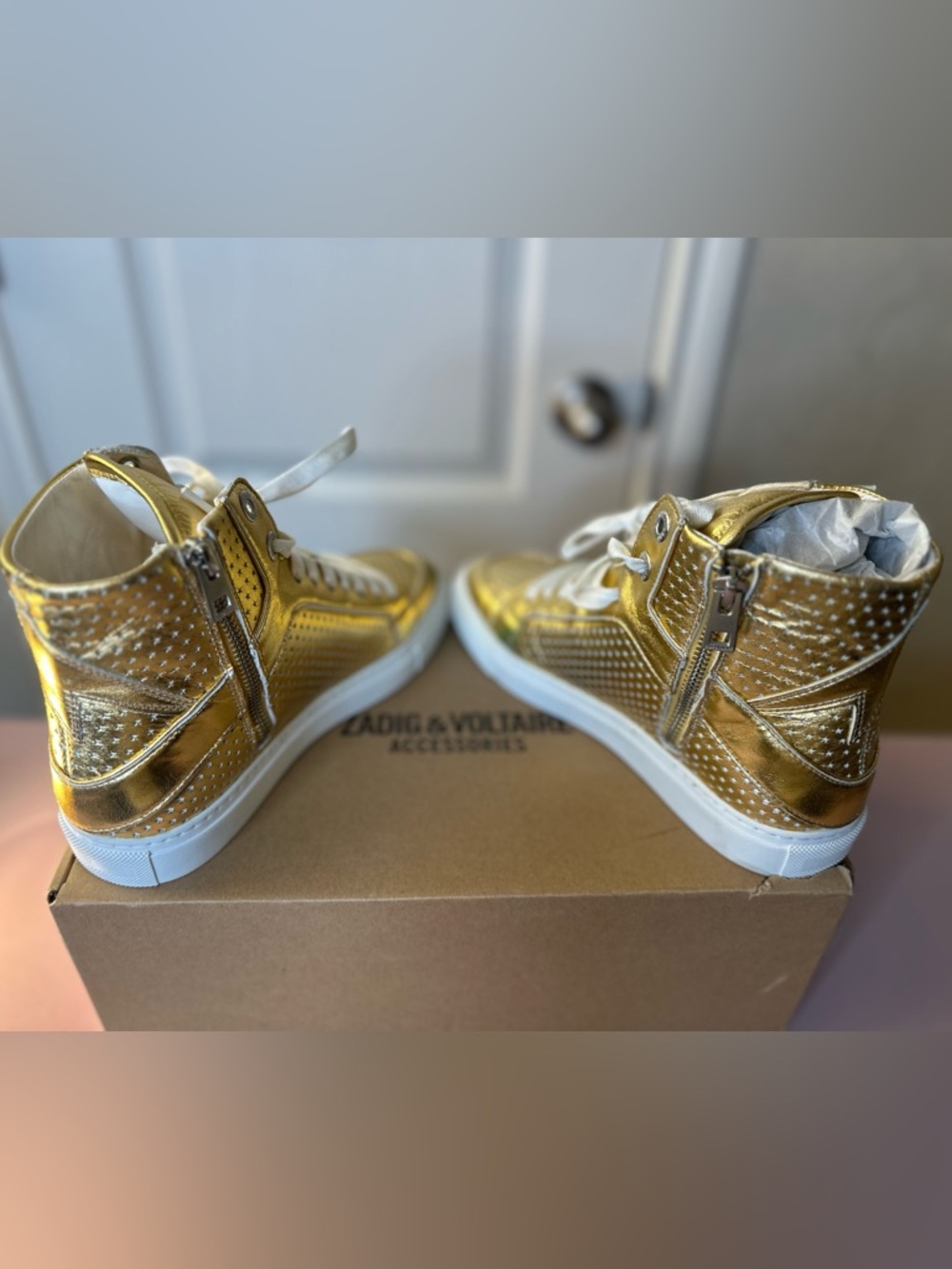 Zadig & Voltaire Metallic Gold Star-Perforated High-Top Sneakers - Picture 2 of 6
